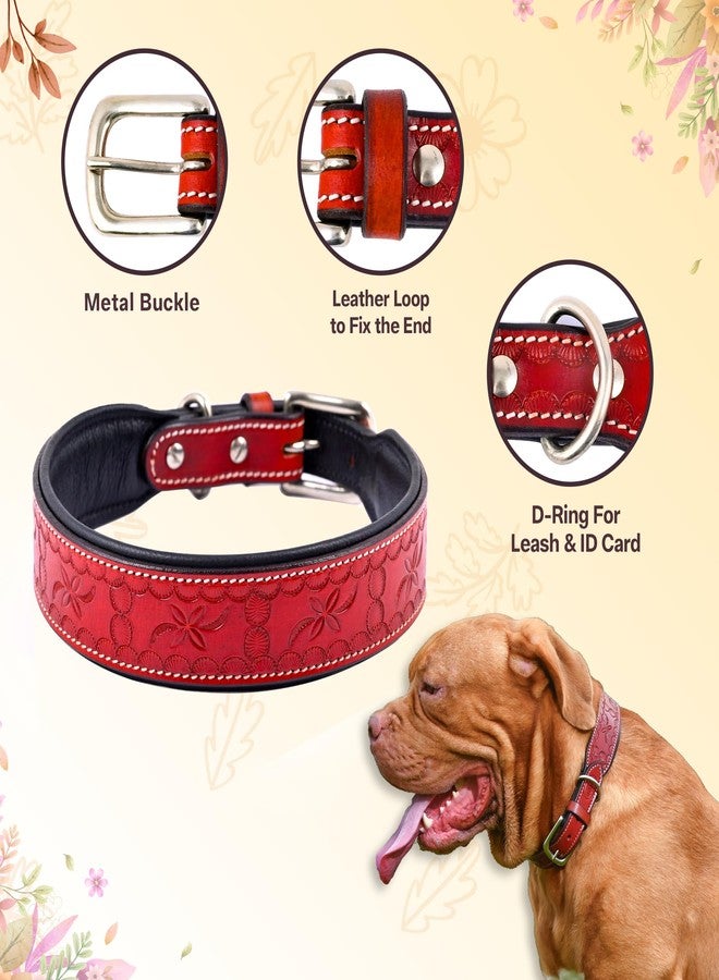 ADIL'S Red Tooling Dog Collar 1.5 Inch Width Suitable For Medium&Large Dogs,Leather Dog Collar With Strong Metal Buckle&D-Ring For Leashes And Id Card,Sizes: M,Red - Image 2